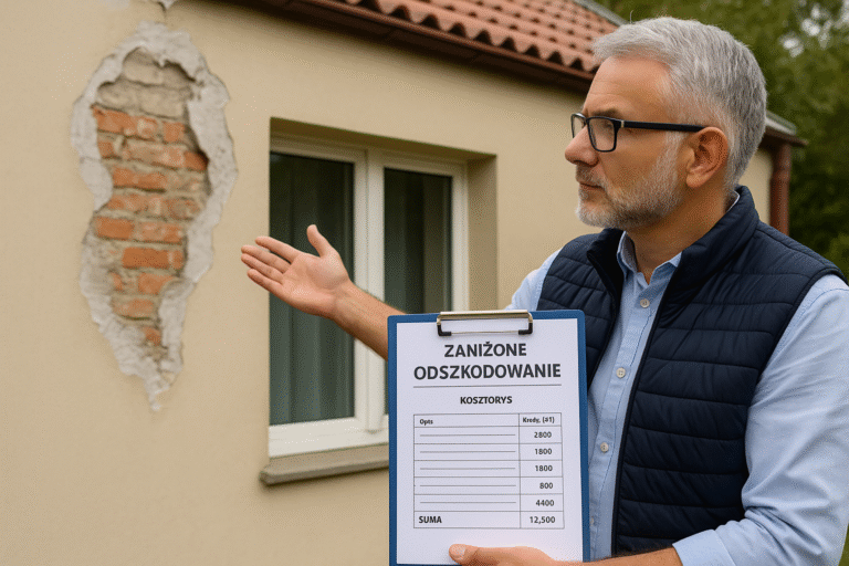 Rzeczoznawca budowlany ocenia uszkodzenie elewacji budynku i prezentuje kosztorys zaniżonego odszkodowania