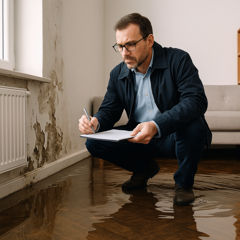 Rzeczoznawca kosztorysowy dokonujący oględzin zalanego mieszkania z widoczną wodą na podłodze i zniszczoną ścianą.