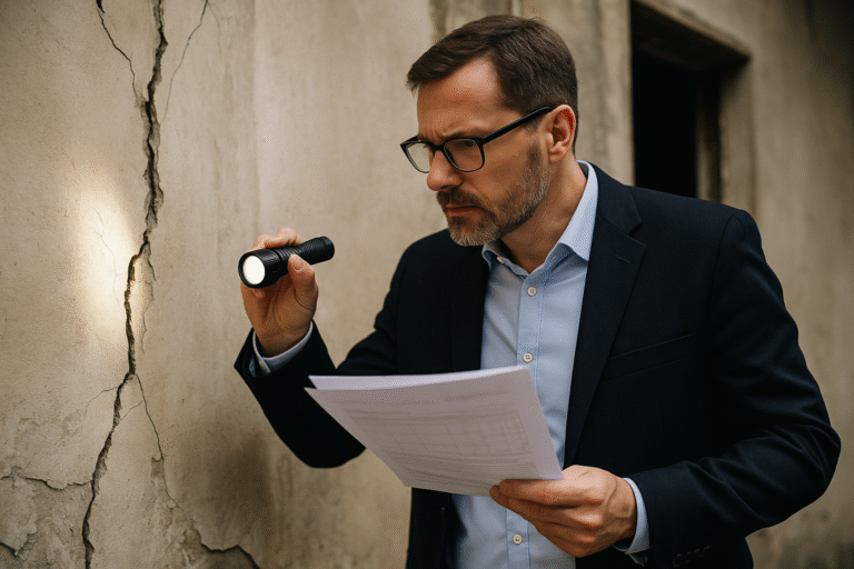 Rzeczoznawca z latarką i dokumentami analizujący pękniętą ścianę budynku.