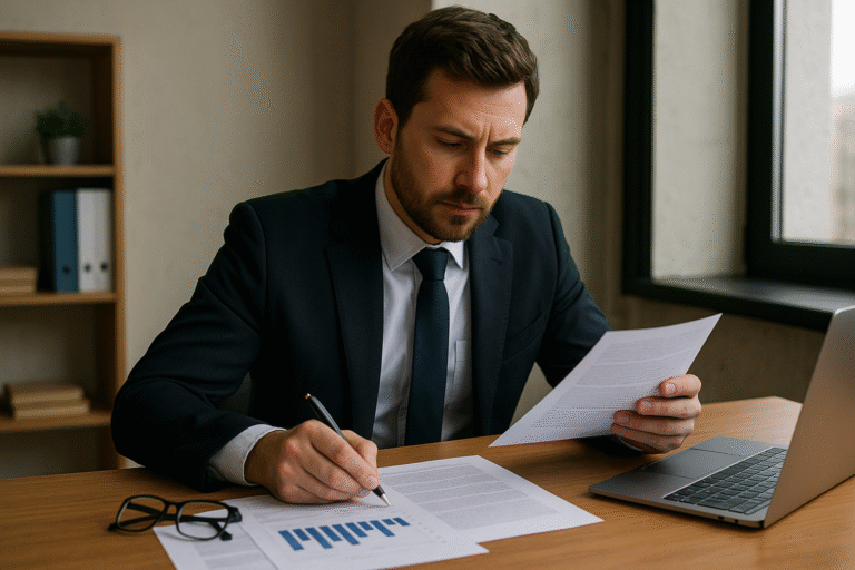 Biznesmen w garniturze analizujący dokumenty finansowe przy biurku z laptopem.