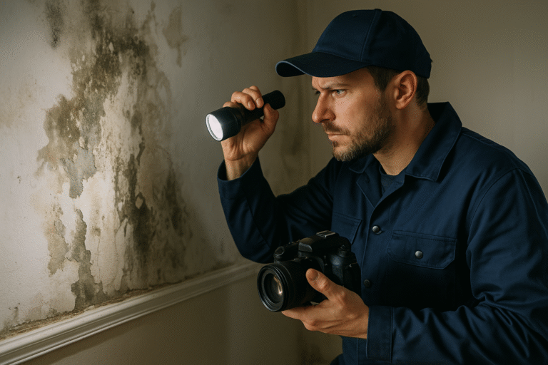 Inspektor z latarką i aparatem fotograficznym badający ścianę z widocznymi śladami zalania i pleśni.