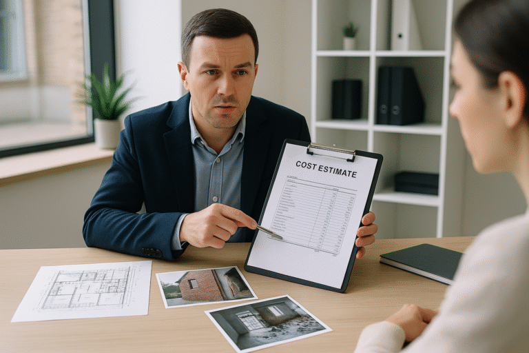Ekspert budowlany prezentuje kosztorys ubezpieczyciela klientowi, wskazując na zaniżone wyceny szkody