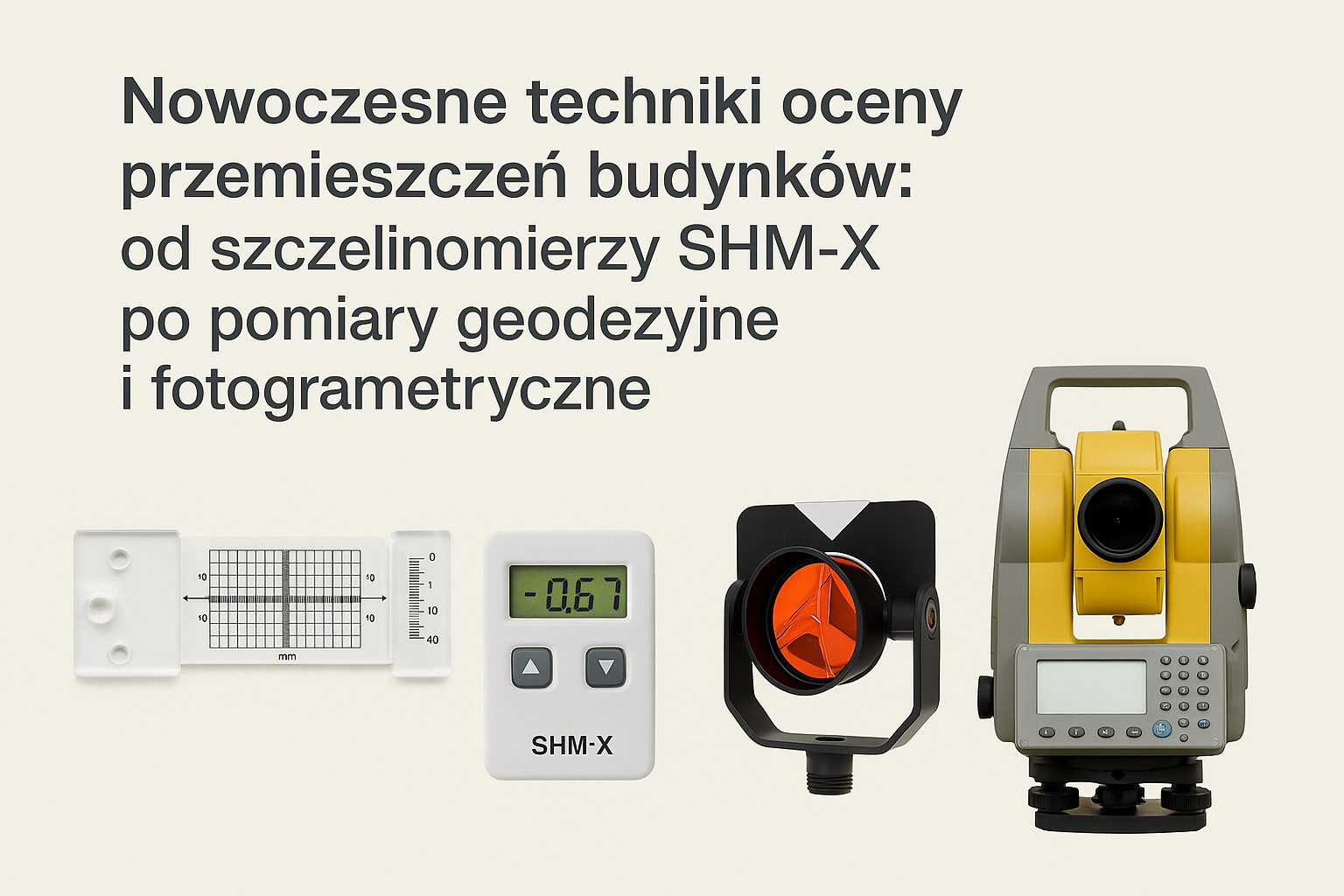 Szczelinomierz SHM-X, pryzmat geodezyjny i tachimetr używane do monitoringu budynków