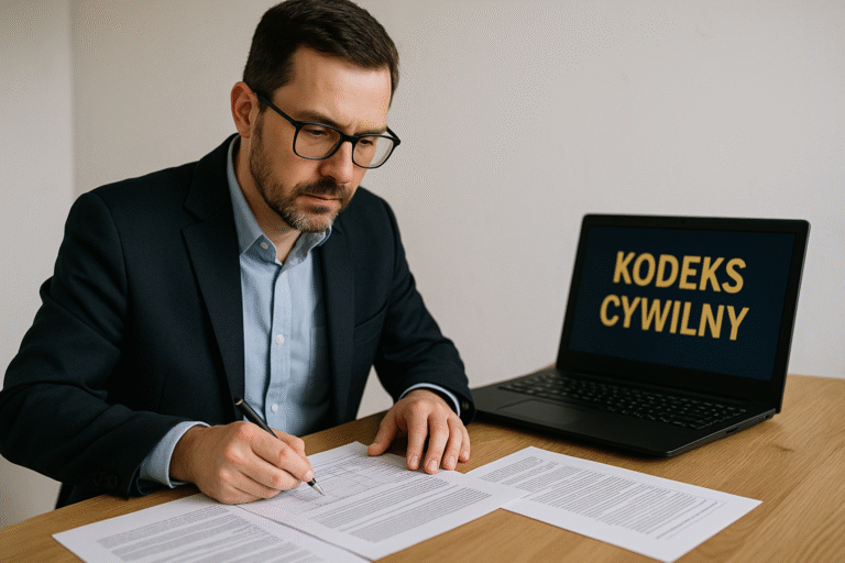 Rzeczoznawca analizujący dokumenty przy laptopie z widocznym napisem Kodeks cywilny.