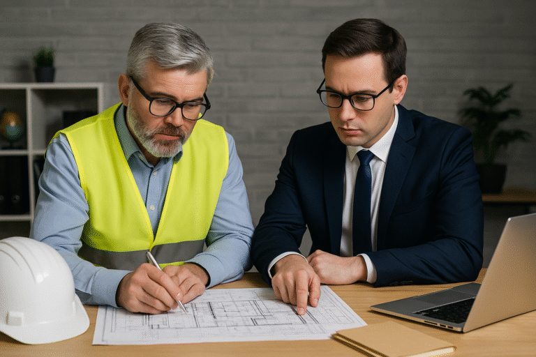 Rzeczoznawca budowlany i prawnik analizują dokumentację techniczną podczas negocjacji z deweloperem