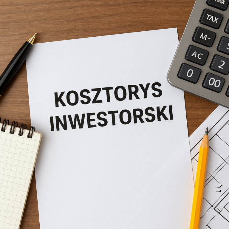 Kosztorys inwestorski na biurku z kalkulatorem, długopisem i notatnikiem