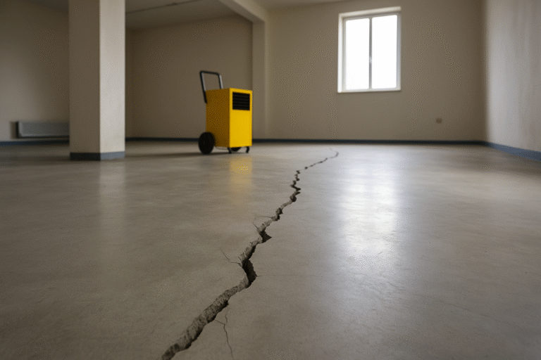 Pęknięcie posadzki betonowej w pustym pomieszczeniu przemysłowym z widocznym osuszaczem