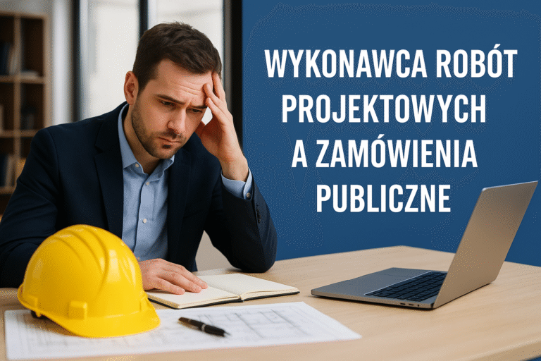 Zmartwiony projektant budowlany analizujący dokumentację przy biurku z kaskiem i laptopem, symbolizujący problemy w zamówieniach publicznych.