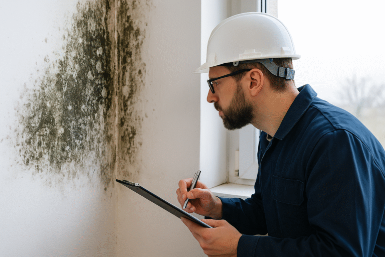 Rzeczoznawca mykologiczny wskazuje na zawilgoconą ścianę z widoczną pleśnią podczas oględzin budynku.
