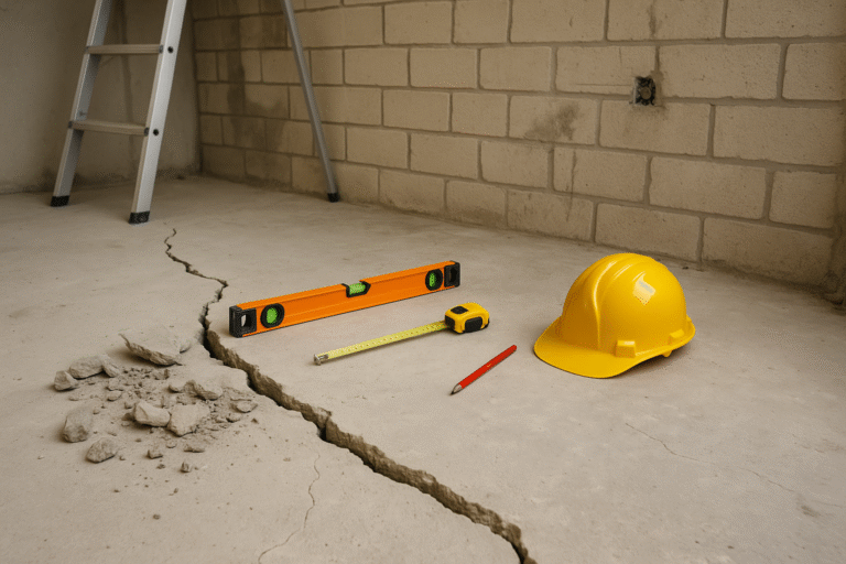 Pęknięta posadzka betonowa z narzędziami pomiarowymi i kaskiem na placu budowy.