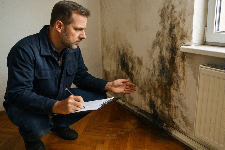Rzeczoznawca budowlany ocenia zagrzybioną ścianę po zalaniu i sporządza dokumentację szkody.