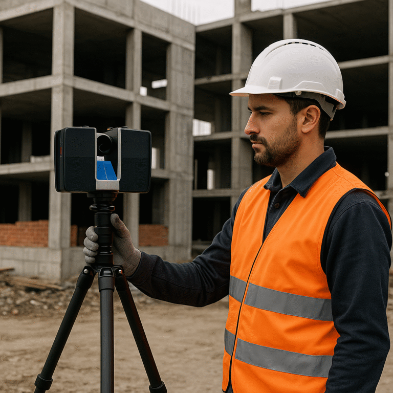 Rzeczoznawca budowlany wykonuje skaning laserowy 3D na przerwanej budowie, korzystając ze skanera ustawionego na statywie.