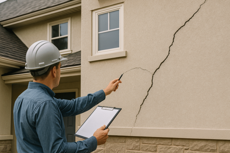 Rzeczoznawca budowlany mierzy elewację domu laserem i ocenia stan techniczny budynku.