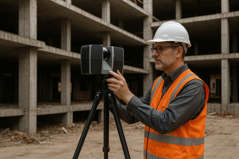 Rzeczoznawca budowlany w kasku i kamizelce wykonuje skaning laserowy 3D na terenie niedokończonego obiektu, dokumentując stan rzeczy do celów procesowych.