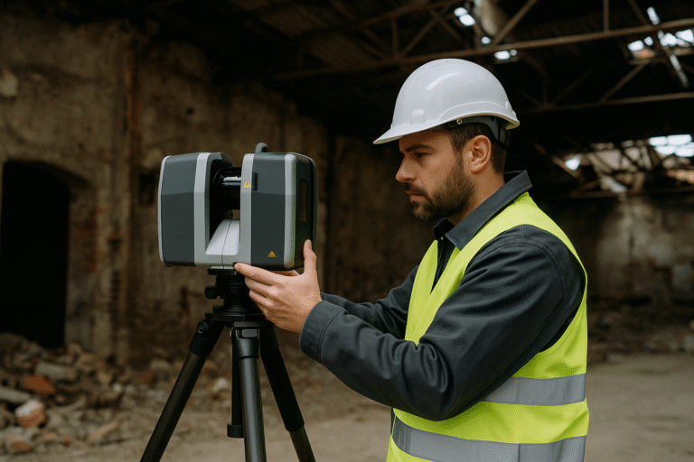 Rzeczoznawca budowlany w kasku i kamizelce odblaskowej wykonuje skaning laserowy 3D w zniszczonym budynku.