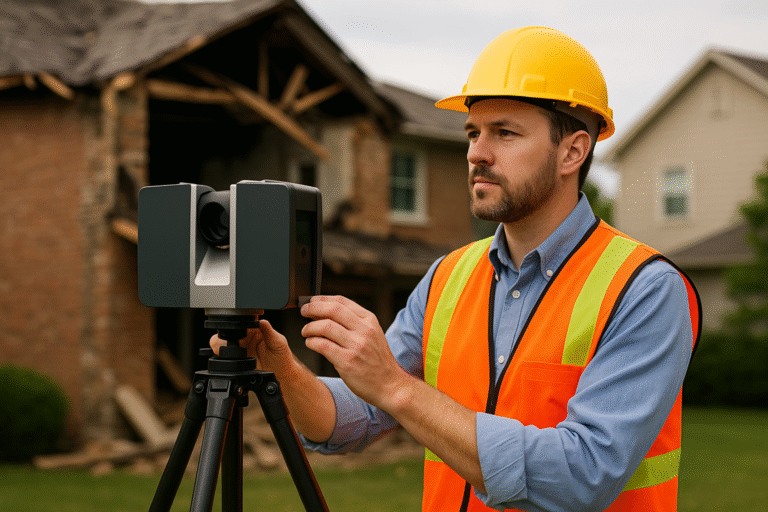 Rzeczoznawca budowlany wykonuje skaning laserowy 3D przy uszkodzonym domu, korzystając ze skanera ustawionego na statywie.