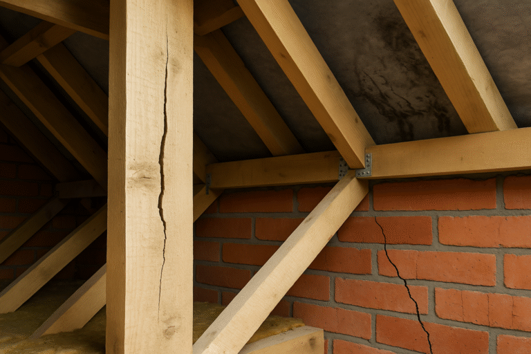 Pęknięta krokiew i spękana ściana na poddaszu świadczące o poważnych uszkodzeniach konstrukcji dachu.