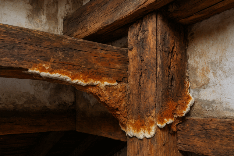 Zniszczone drewno z widocznym rozkładem i nalotami grzybów w zaawansowanym stadium degradacji.