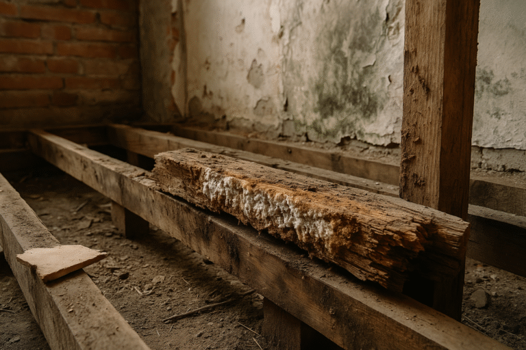 Zbliżenie zniszczonego drewna z widocznym rozkładem spowodowanym przez grzyba domowego.