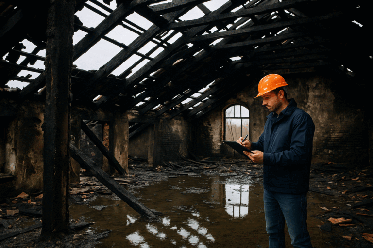 Zwęglone wnętrze budynku po pożarze z uszkodzoną konstrukcją i osmolonymi ścianami.