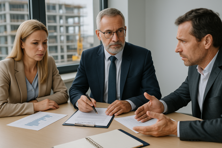 Mediacja gospodarcza w sporze inwestycyjnym – inwestor, wykonawca i mediator analizują dokumenty przy stole, w tle wstrzymana budowa