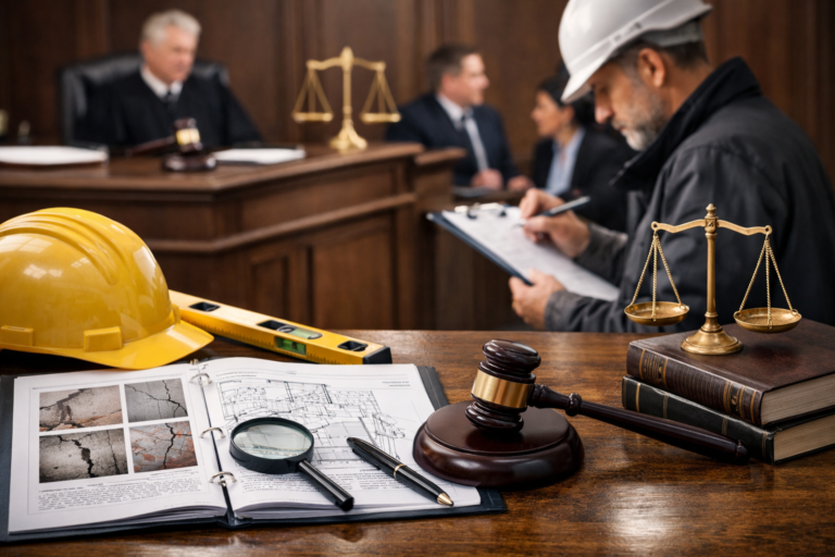 Ekspertyza budowlana jako dowód w sądzie – rzeczoznawca budowlany analizujący wady robót i dokumentację techniczną podczas sprawy sądowej
