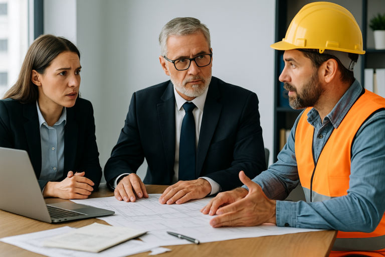 Mediacje inwestor wykonawca – spotkanie mediacyjne przy stole z dokumentacją techniczną i planami budowlanymi