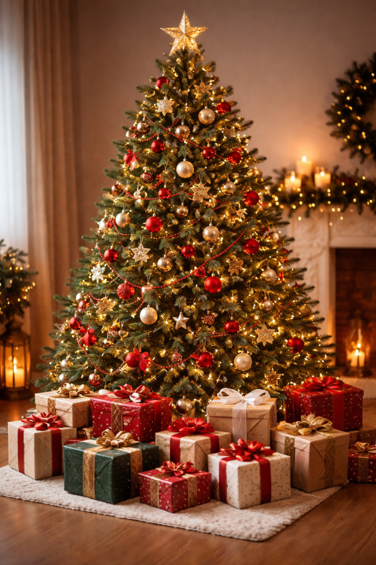 Świąteczna choinka z lampkami, czerwono-złotymi bombkami i prezentami pod spodem, w przytulnym wnętrzu.
