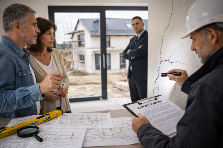 Rzeczoznawca budowlany wykrywajacy bledy wykonawcze w nowym domu podczas odbioru technicznego od dewelopera