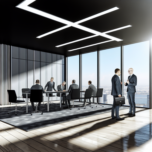 Grupa europejskich biznesmenów w nowoczesnym biurze diskutuje o mediacji gospodarczej.