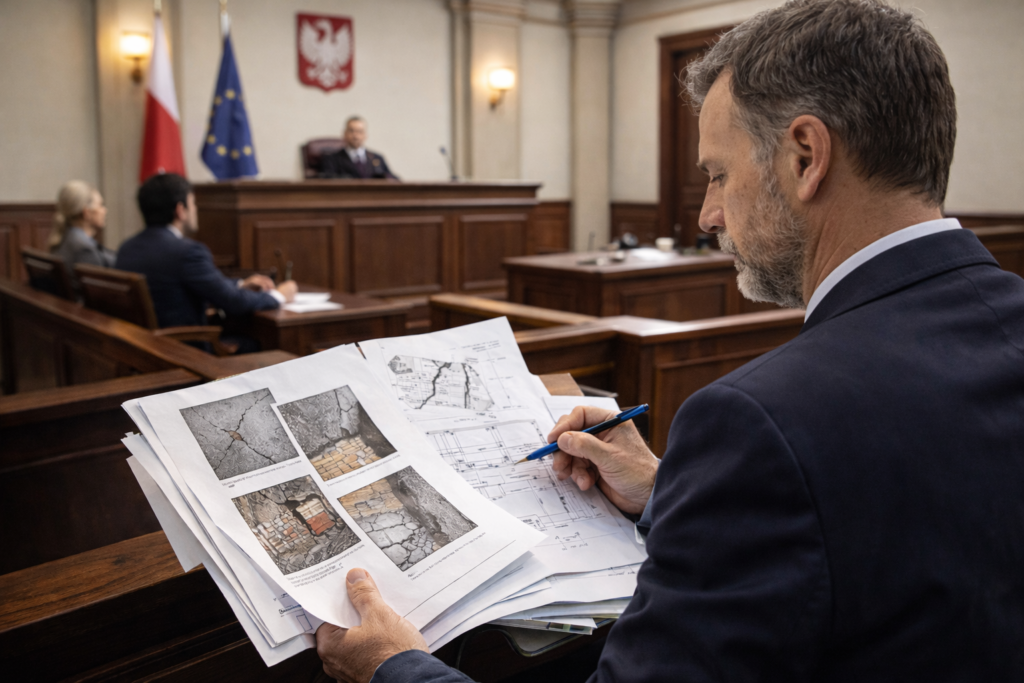 Ekspertyza budowlana do sądu – inżynier budowlany w polskim sądzie analizuje dokumentację techniczną