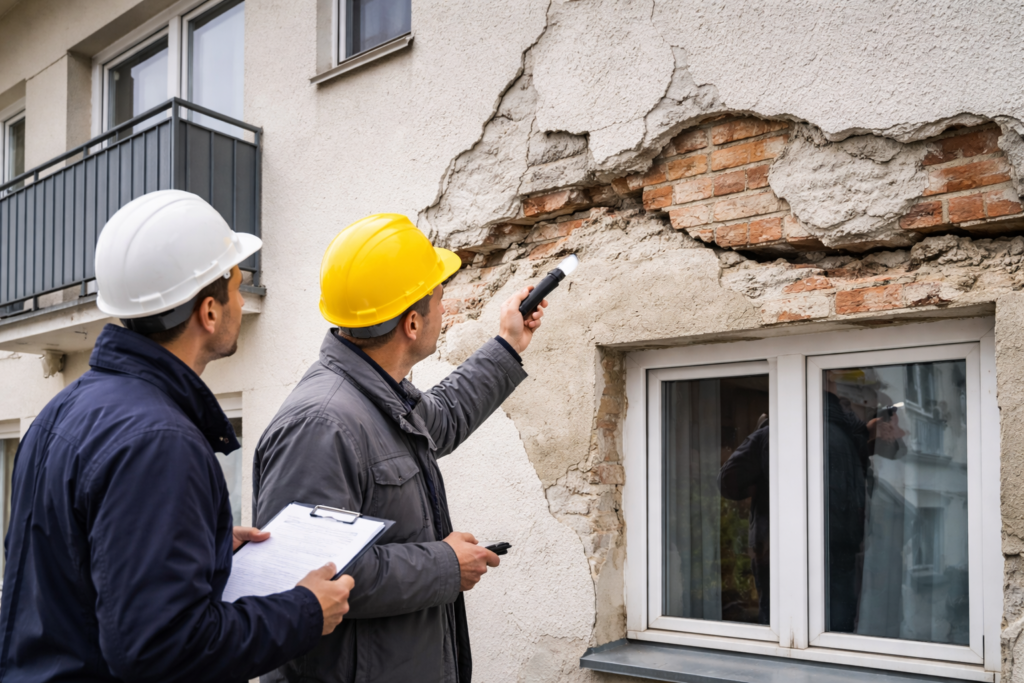 Ekspertyza budowlana elewacji z widocznymi pęknięciami i odspojeniem tynku wykonywana przez specjalistów