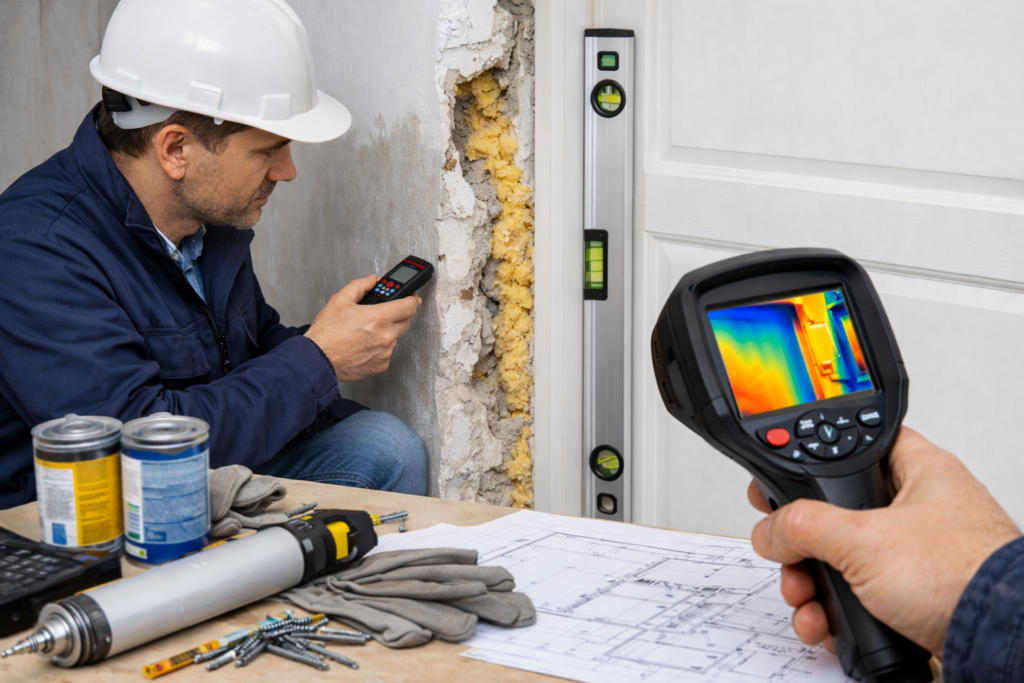Rzeczoznawca budowlany sprawdza pion ościeżnicy drzwiowej poziomicą oraz wykonuje badanie termowizyjne połączenia drzwi z murem.
