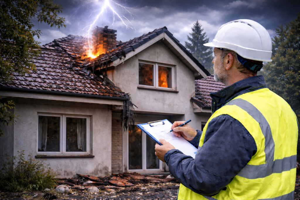 Ekspertyza po uderzeniu pioruna – inżynier budowlany ocenia uszkodzenia dachu i konstrukcji