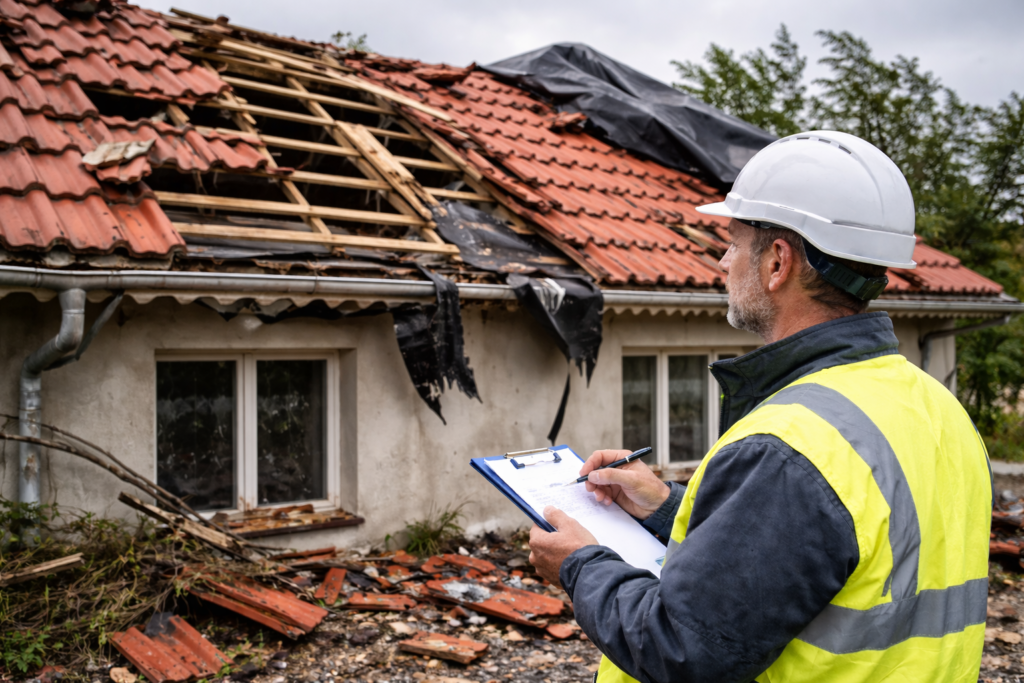 Ekspertyza po wichurze – rzeczoznawca budowlany ocenia uszkodzony dach po silnym wietrze