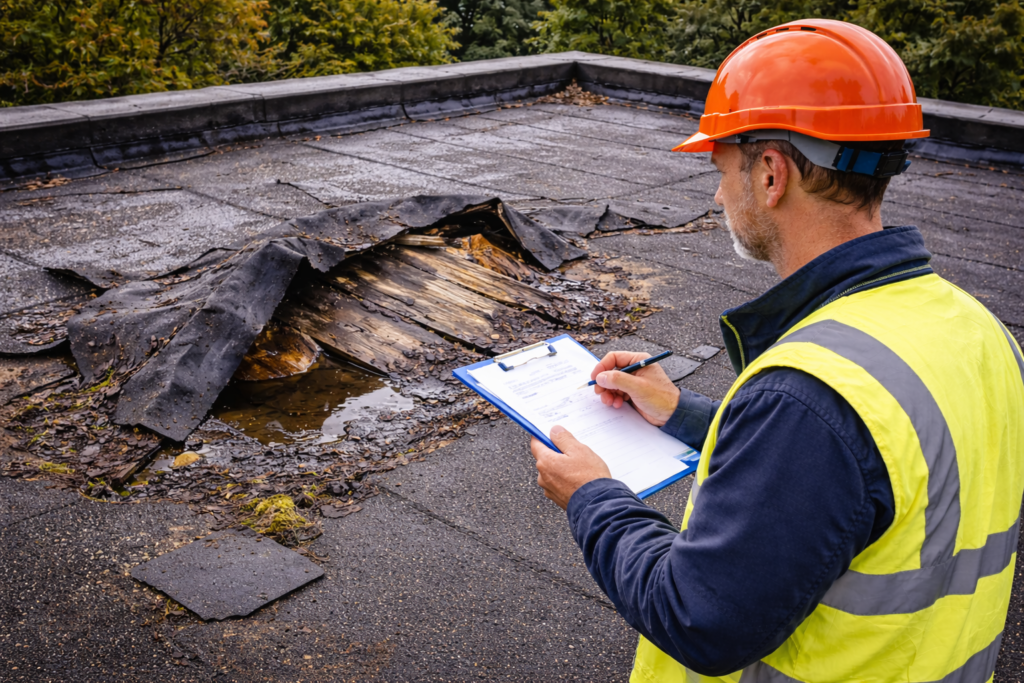 Ekspertyza pokrycia dachu z papy – rzeczoznawca budowlany ocenia uszkodzoną papę dachową