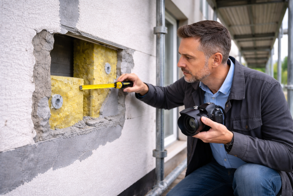Ekspertyza budowlana ocieplenia budynku – rzeczoznawca mierzy grubość izolacji termicznej ETICS i wykonuje dokumentację fotograficzną.