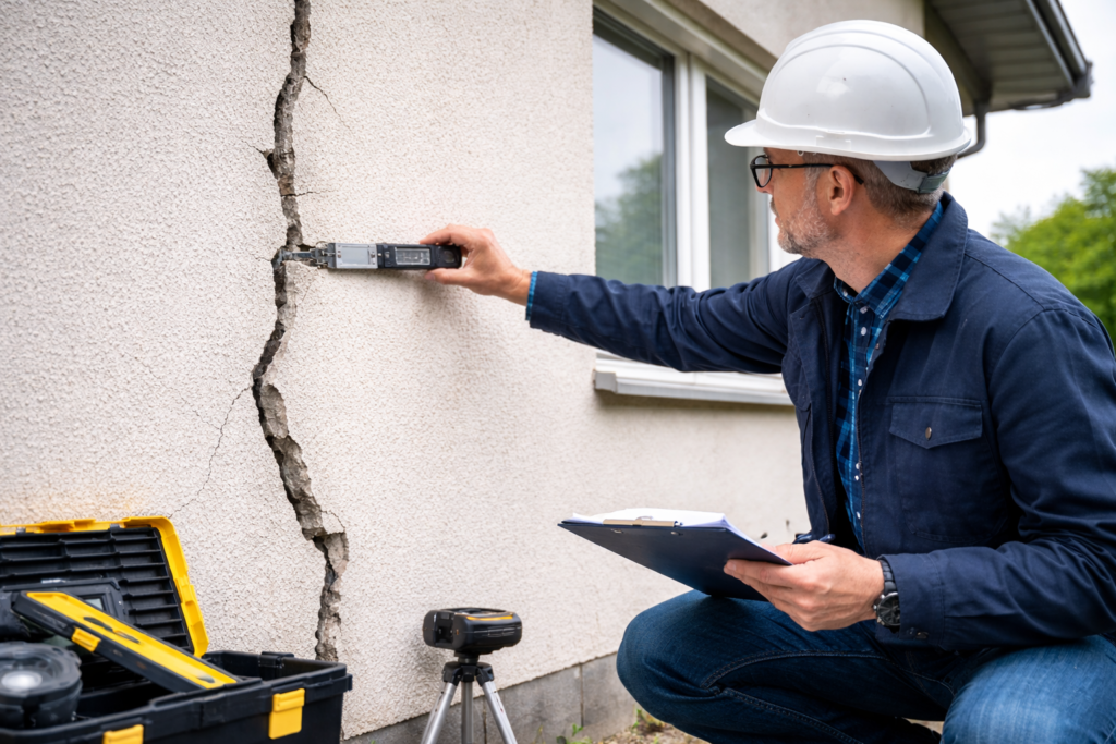Ekspertyza budowlana osiadania budynku – rzeczoznawca mierzy szerokość pęknięcia ściany zewnętrznej powstałego na skutek nierównomiernego osiadania.