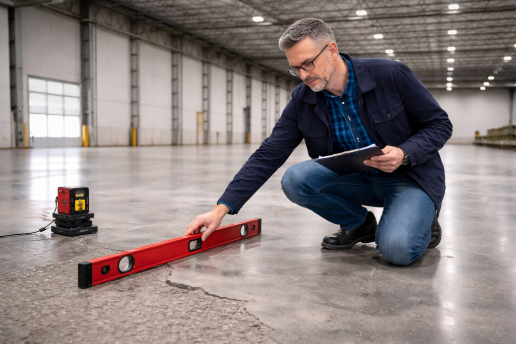 Ekspertyza budowlana posadzki – rzeczoznawca sprawdza równość i jakość posadzki betonowej przy użyciu poziomicy.