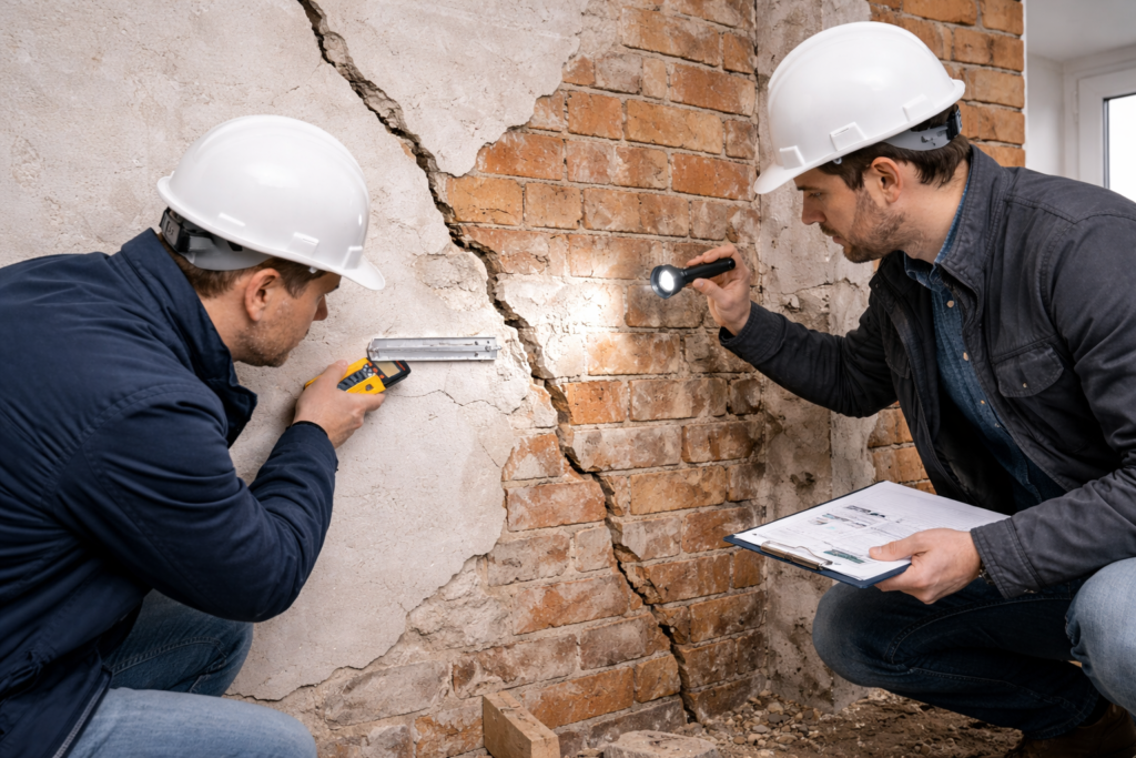 Rzeczoznawcy budowlani badają pęknięcia ściany nośnej, wykonując pomiary rys i ocenę nośności konstrukcji murowanej.