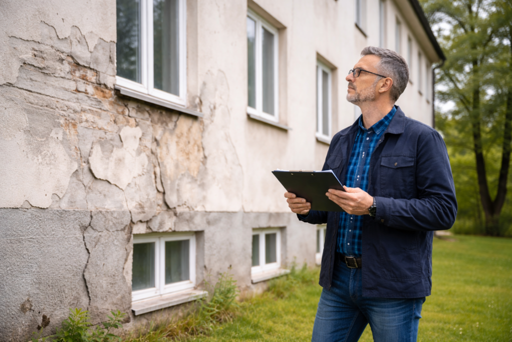 Ekspertyza budowlana stanu technicznego budynku – rzeczoznawca ocenia elewację budynku z zewnątrz, korzystając z tabletu.