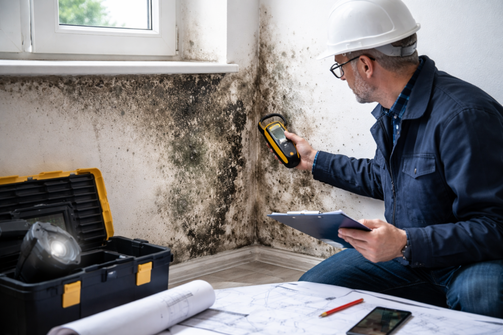 Ekspertyza budowlana zawilgocenia i pleśni – rzeczoznawca wykonuje pomiar wilgotności ściany z widoczną pleśnią w narożniku mieszkania.