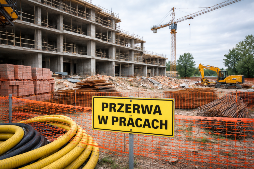 Plac budowy z wstrzymanymi robotami i zabezpieczonym terenem jako dokumentacja stanu robót na dzień przerwania inwestycji