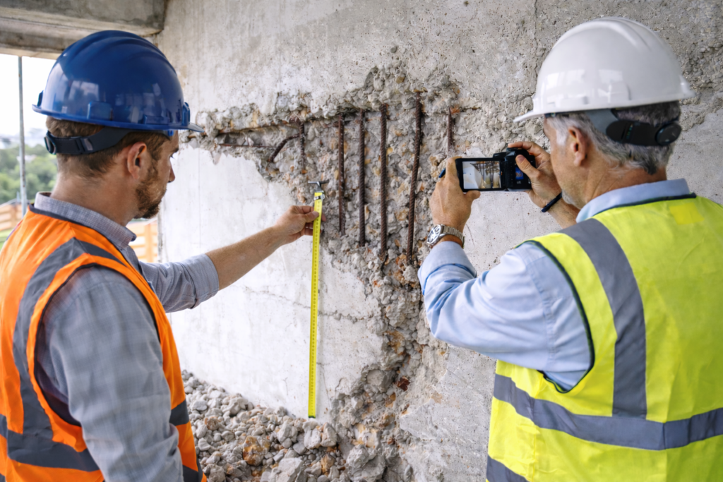 Eksperci budowlani dokumentują pęknięcie ściany i mierzą zakres wady wykonawczej przed jej usunięciem