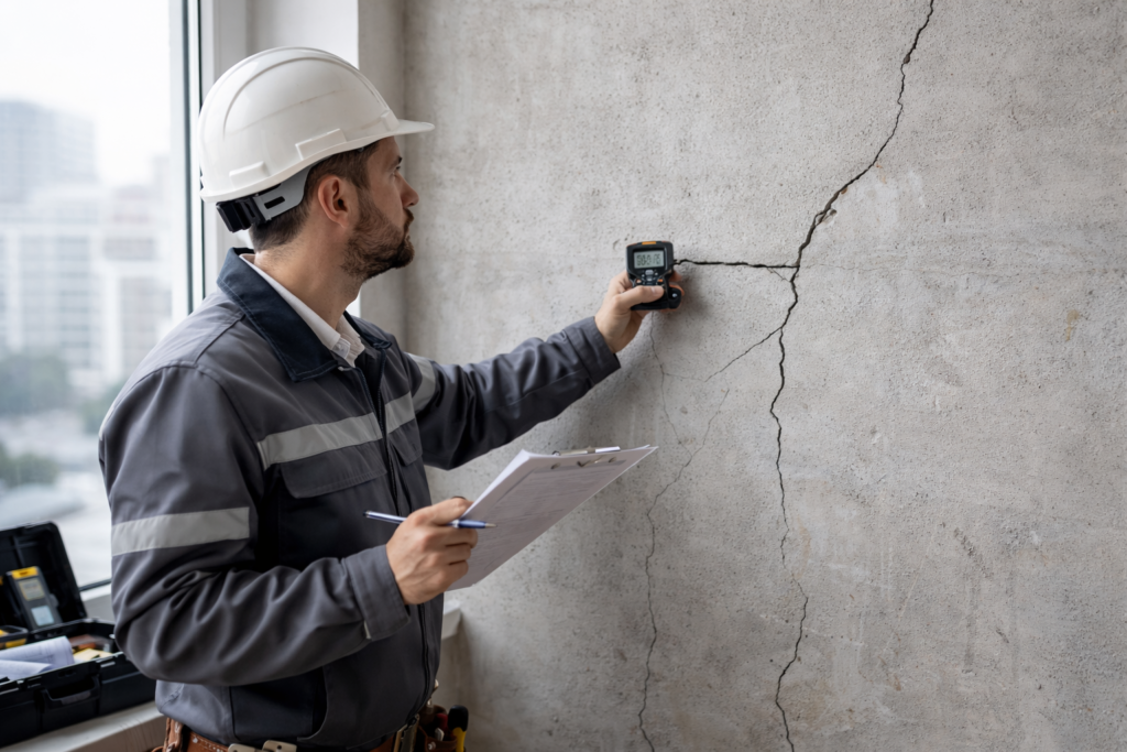 Ekspertyza budowlana pęknięć i zarysowań ściany – pomiar szerokości rys przez rzeczoznawcę budowlanego
