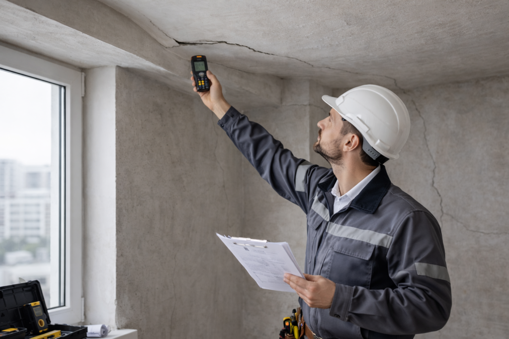 Ekspertyza budowlana ugięć stropu – rzeczoznawca wykonujący pomiar odkształceń konstrukcji