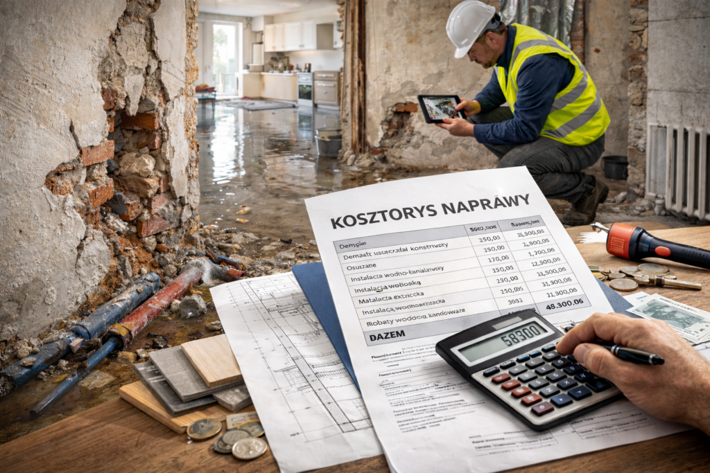 Dokument „KOSZTORYS NAPRAWY” na biurku z kalkulatorem i dokumentacją techniczną, w tle zalane pomieszczenie z uszkodzonymi ścianami oraz specjalista oceniający szkody instalacyjne.