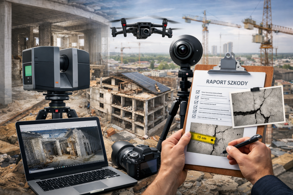 Skaning laserowy 3D budynku, dokumentacja fotograficzna uszkodzeń oraz lot dronem jako materiał dowodowy z budowy dla sądu i ubezpieczyciela