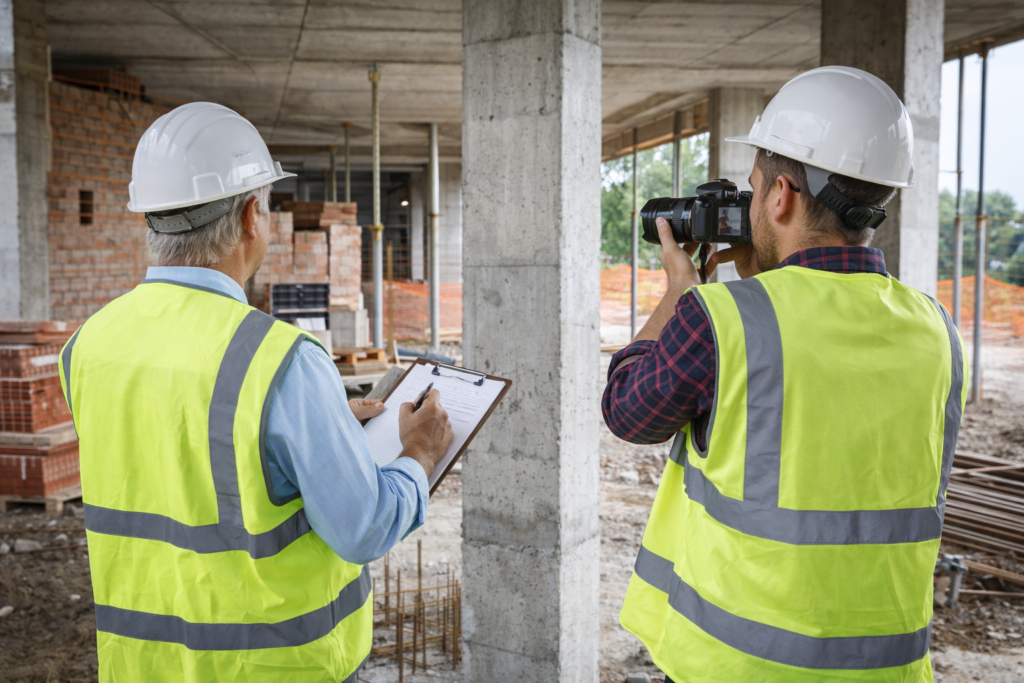 Specjaliści budowlani wykonujący dokumentację fotograficzną i opisową obiektu w ramach przedsądowego zabezpieczenia materiału dowodowego