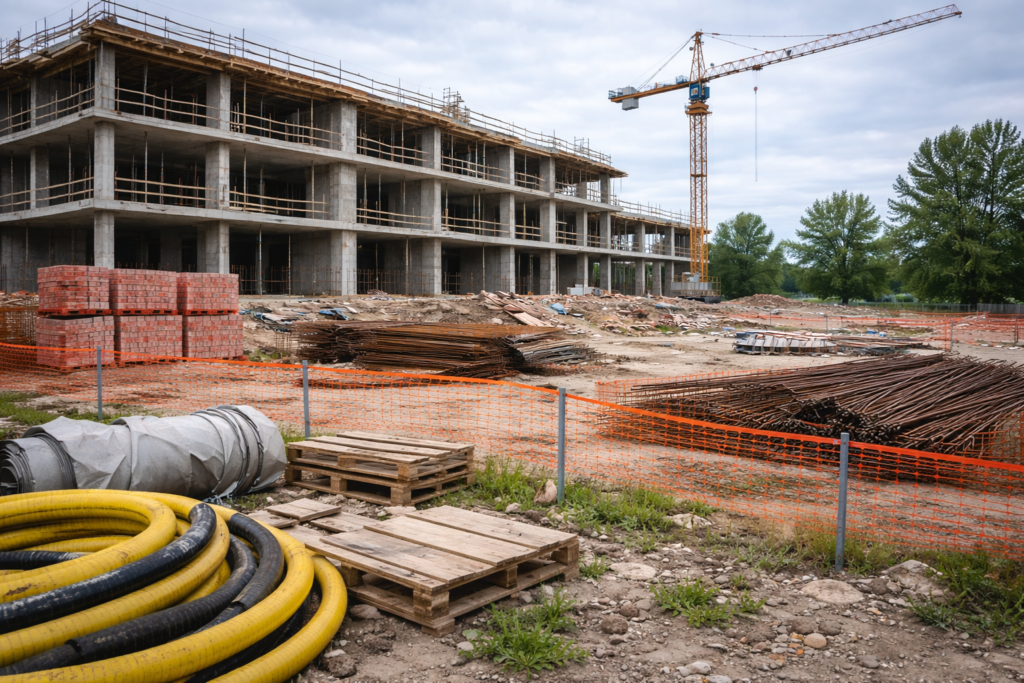 Przerwana inwestycja budowlana z widoczną konstrukcją żelbetową i materiałami na placu budowy jako dokumentacja stanu robót po rozwiązaniu kontraktu